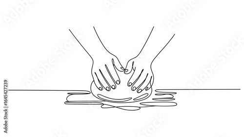 Hands kneading dough continuous line drawing vector illustration