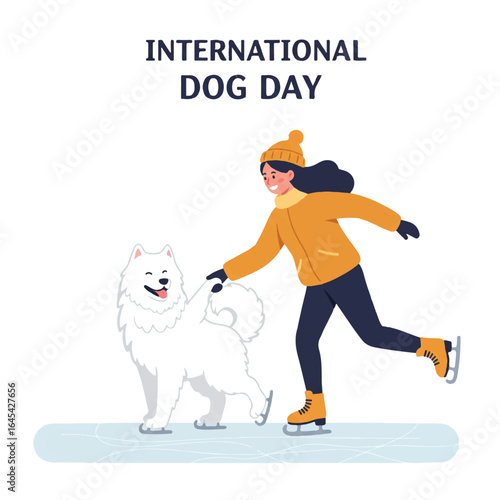 A cheerful Samoyed dog and its owner are happily ice skating hand-in-paw, celebrating International Dog Day with a festive, flat 2D vector illustration on a clean white background.