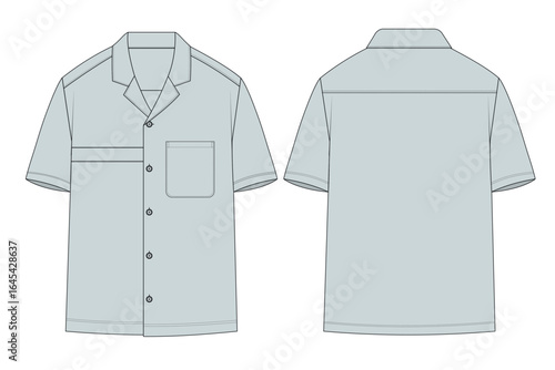 vector illustration of white shirt. Revere Collar Short Sleeve Shirt Technical Fashion Flat - Light Blue, Short Sleeve Camp Collar Shirt Vector Template with Pocket