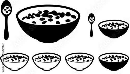 Illustration of multiple bowls and spoons filled with cereal and other food items in black and white