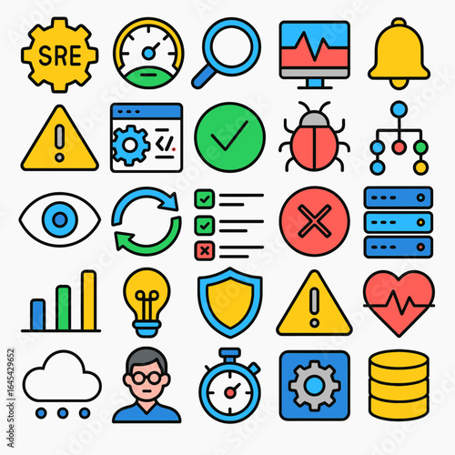 Colorful icons visualize system management on white backdrop showing operations