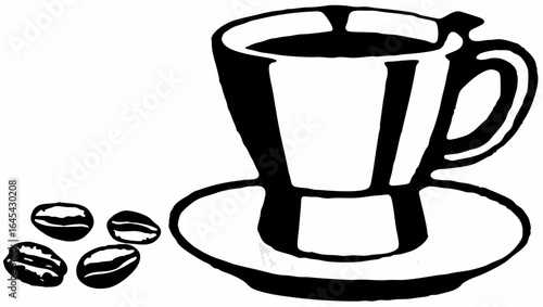 A black and white illustration of a coffee cup on a saucer with coffee beans scattered beside it artfully