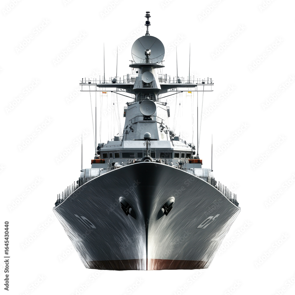 Naklejka premium Modern Warship Powerful Navy Vessel Front View, isolated on a transparent background