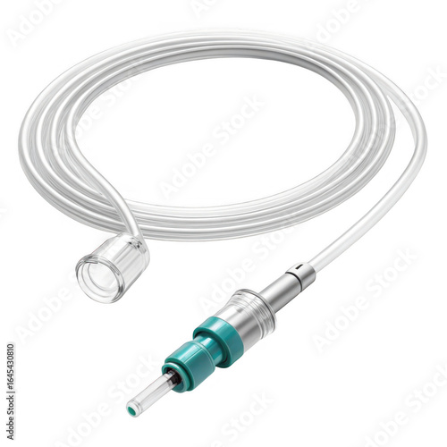 Medical infusion tubing set, sterile intravenous drip line with connector, clinical fluid delivery equipment, hospital patient care supply isolated on Transparent Background