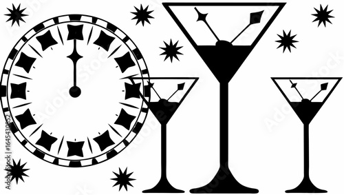 Clock striking midnight with three martini glasses and starbursts in a black and white illustration