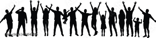 Silhouettes of happy family and friends jumping, people celebration scene, joyful group together, freedom expression vector, party mood concept, energetic people illustration, unity