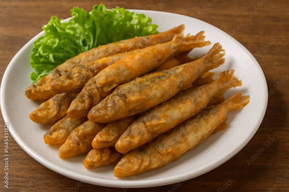 Crispy deep-fried small fish served on a white plate with fresh green lettuce garnish Crispy deep-fried small fish served on a white plate with fresh green lettuce garnish