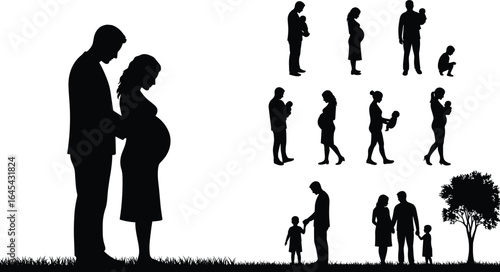 Silhouettes of pregnant couple, family life stages, parents with children, love and bonding illustration, parenthood journey vector, outdoor grass scene, emotional parenting moments