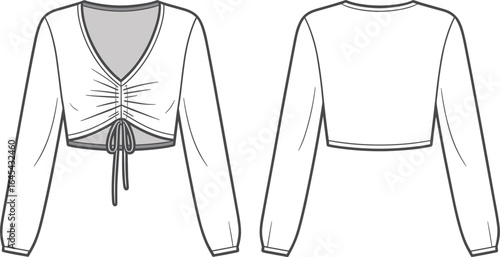 Long sleeve crop top fashion flat, front and back technical drawing, ruched drawstring blouse design, women's garment sketch, apparel design template for fashion