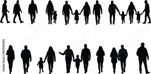Silhouette of walking families, father mother children figures, people walking in group, family togetherness illustration, parenting concept, unity, bond, outdoor stroll, family values