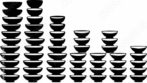 Illustration of multiple stacks of black bowls arranged in descending order on a white background art