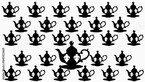 A pattern of black teapots with diamond designs arranged on a white background in a symmetrical fashion