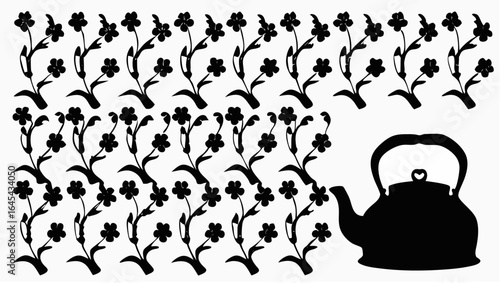 Black and white floral pattern background with a silhouette of a teapot on the right side of the image
