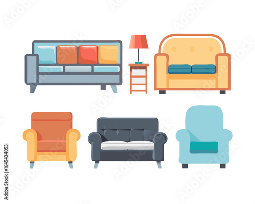 Seating: Sofa, sectional, loveseat, armchair, recliner, ottoman, bench, dining chairs, bar stools, accent chairs.

