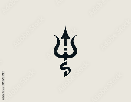 Sacred Hindu trishula trident symbol in minimalist black vector design with spiritual significance