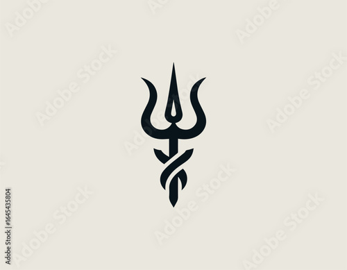 Sacred Hindu trishula trident symbol in minimalist black vector design with spiritual significance