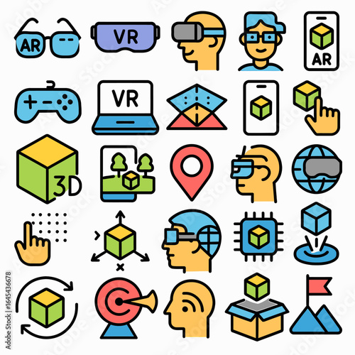 Virtual reality icons depict technology innovation scene flat