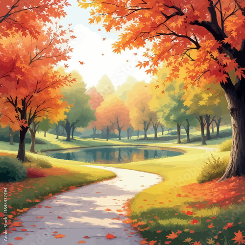 Vsai pathway winding through a vibrant autumn park