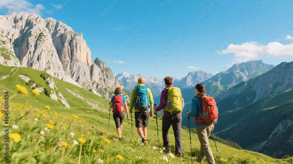 Obraz premium Summer mountain trekking with friends carrying backpacks through scenic alpine valley with dramatic rocky cliffs