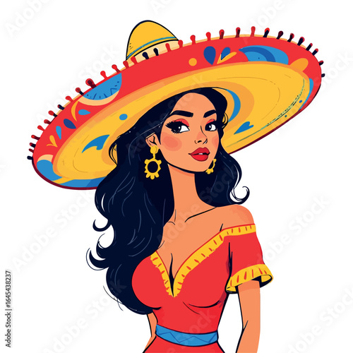Vsai mexican woman wearing sombrero and traditional dress posing elegantly