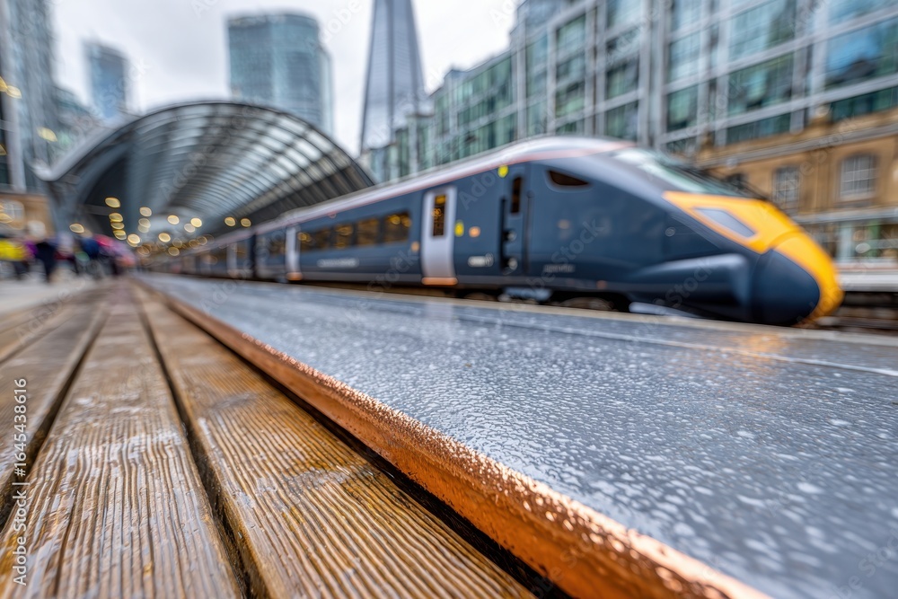 Naklejka premium Sleek modern train arriving at a bustling city station platform on a rainy day.