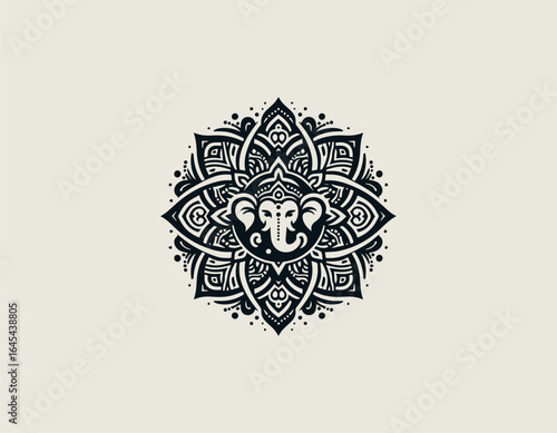 Ornate black vector logo featuring Lord Ganesha head surrounded by intricate mandala patterns in symmetrical design