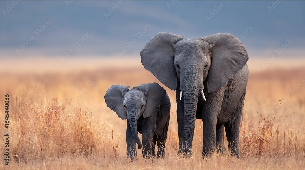 Obraz premium A majestic adult elephant with its calf stands proudly in a golden grassland, showcasing the beauty of wildlife in a serene setting.