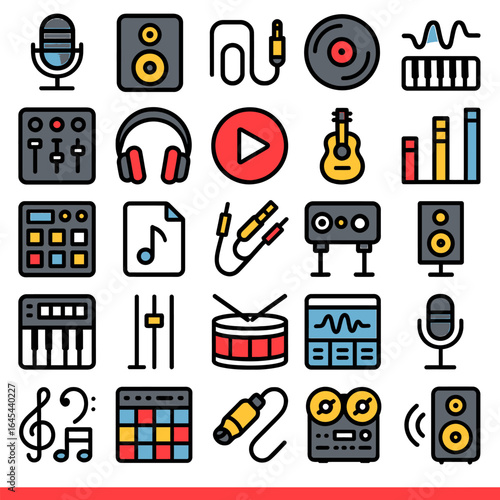 Audio icons showcase equipment inside recording studio collection