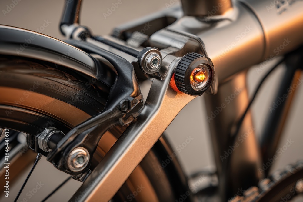 Fototapeta premium Modern bicycle's rear wheel, fender, and illuminated safety tail light.