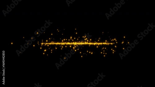 Abstract animation center glow gold particles sparkig star line on black background. 4K 3D chaotic motion of glow particles orange  flying in the air