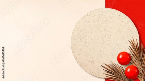 Beige Circle Graphic with Red Ornaments on Off White Background