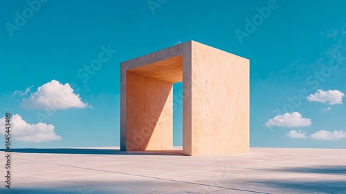 Beige Cube Structure With Open Doorway Against Sunny Sky