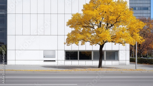Bright Yellow Autumn Tree Before Modern White Building