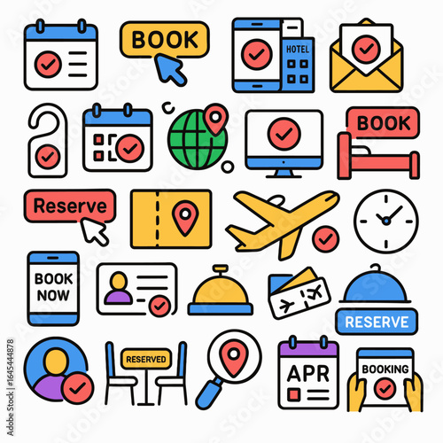 Hotel icons display travel planning reservation actions online