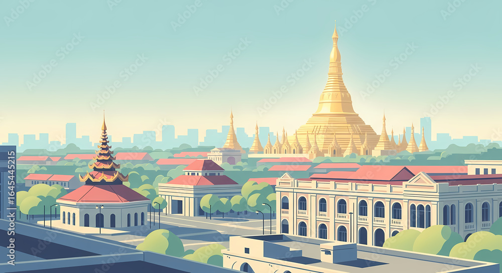 Naklejka premium Stylized Yangon Skyline with Shwedagon Pagoda in Pastel Flat Vector Illustration Landmark in Pastel Flat Vector Illustration