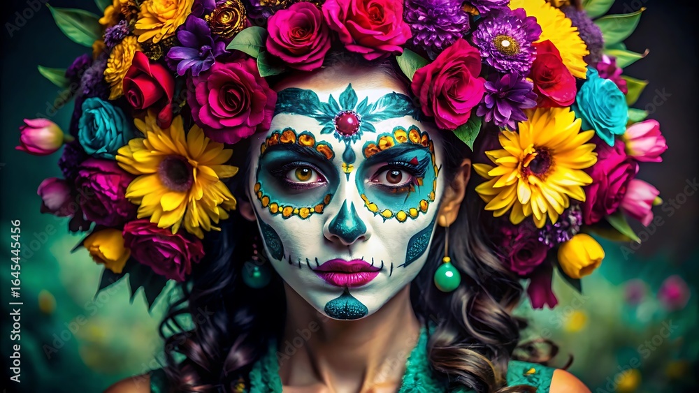 Fototapeta premium Woman with colorful sugar skull makeup and flower crown
