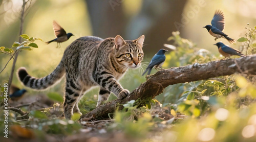 Curious Cat Watching Bird in Forest