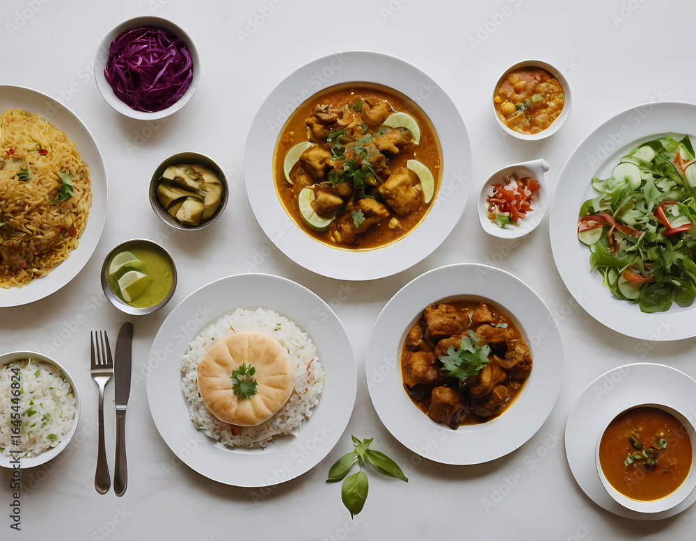 Top view of a healthy traditional South Asian meal with modern plating, clean white table, overhead soft light, high detail, realistic style. Food poster and banner background Top view of a healthy traditional South Asian meal with modern plating, clean white table, overhead soft light, high detail, realistic style. Food poster and banner background