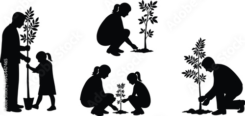 Silhouette of family planting trees together, father mother child gardening, tree plantation, environmental care, teamwork, nature conservation, outdoor planting, eco-friendly lifestyle illustration