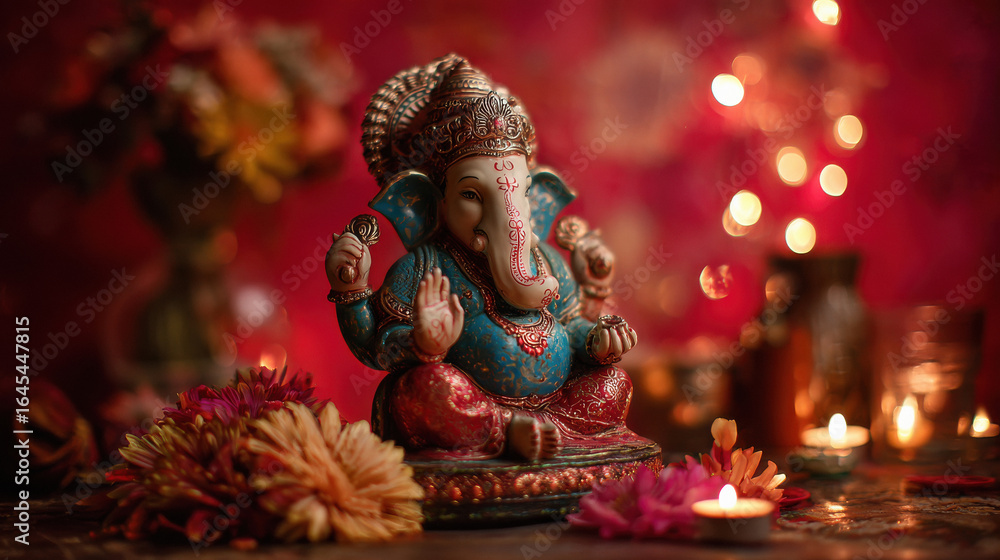 Fototapeta premium colourful and beautiful lord Ganesha statue sits on a table surrounded by flowers and candles