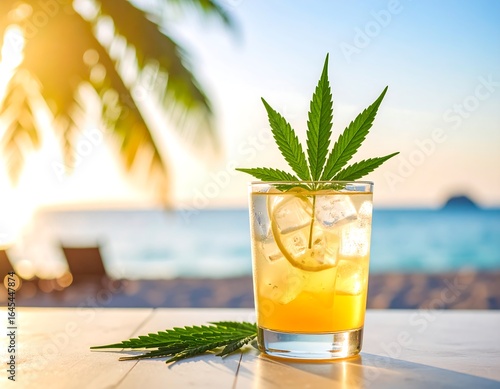 Refreshing beverage with cannabis leaf garnish on a beach setting.