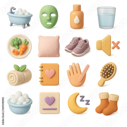 3d wellness icon set featuring bath, skincare, hydration, nutrition, sleep, and fitness symbols