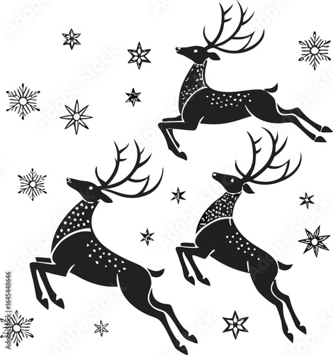 Vector holiday card design with a vintage silhouette of a reindeer and snowflakes on a Christmas winter background