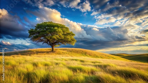 Photo of a solitary green tree stands majestically on a golden grassy hill under a dramatic sky with clouds at sunset, creating a serene and beautiful natural landscape