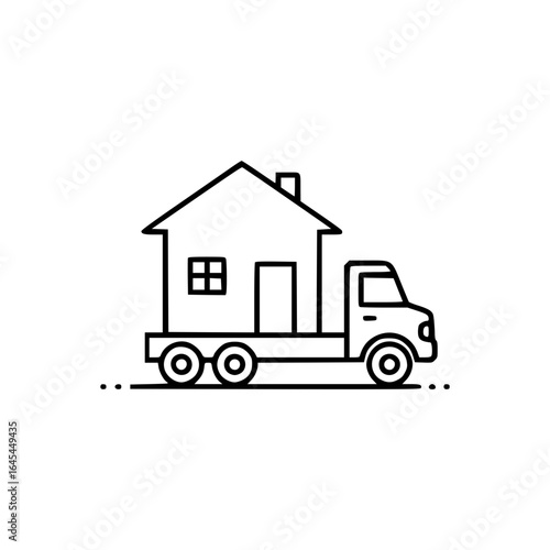 Outline icon of a house on a truck representing transportation concept, relocation    
