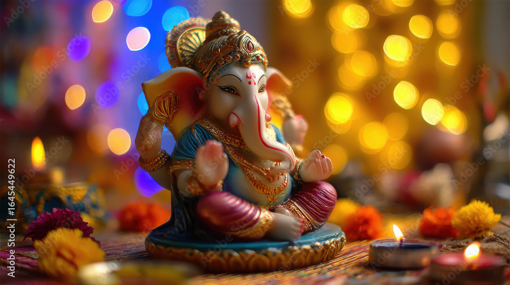 Fototapeta premium colourful and beautiful lord Ganesha statue sits on a table surrounded by flowers and candles
