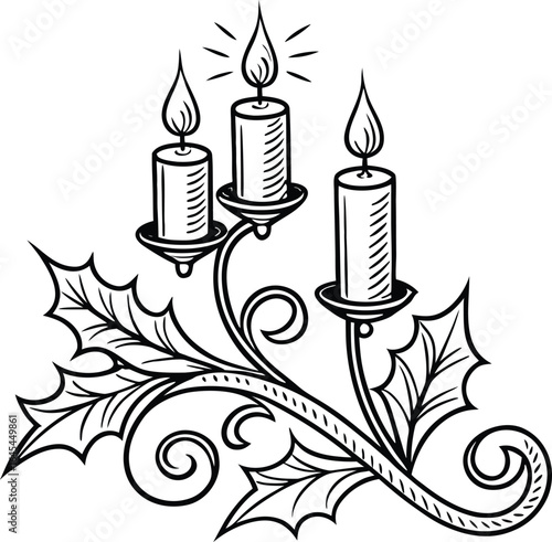 A beautiful vector floral pattern adorns a Christmas candle decoration, with a black and white flower design illuminating the celebration