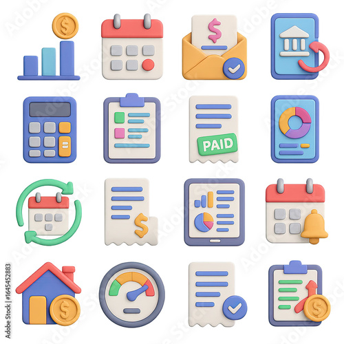 3d finance icon set featuring chart, calendar, bank, receipt, and clock symbols