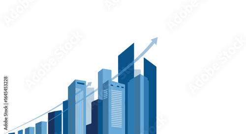Dynamic blue skyscrapers symbolize business growth with upward trending arrow, representing success