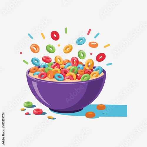 Colorful Cereal Loops in Purple Bowl with Splash Effect, Fun Breakfast Food Illustration Isolated on White Background for Kids, Packaging, and Design Projects.